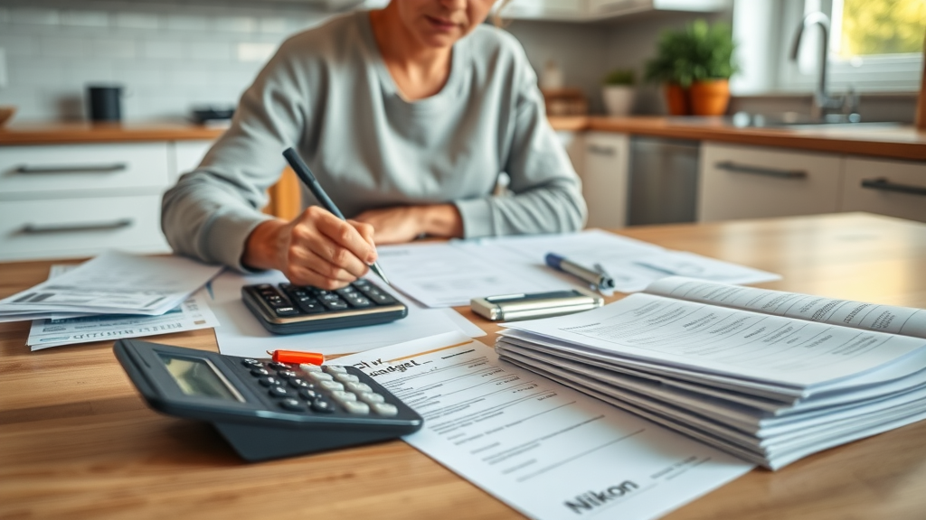 homeowner calculating renovation budget with receipts and digital calculator