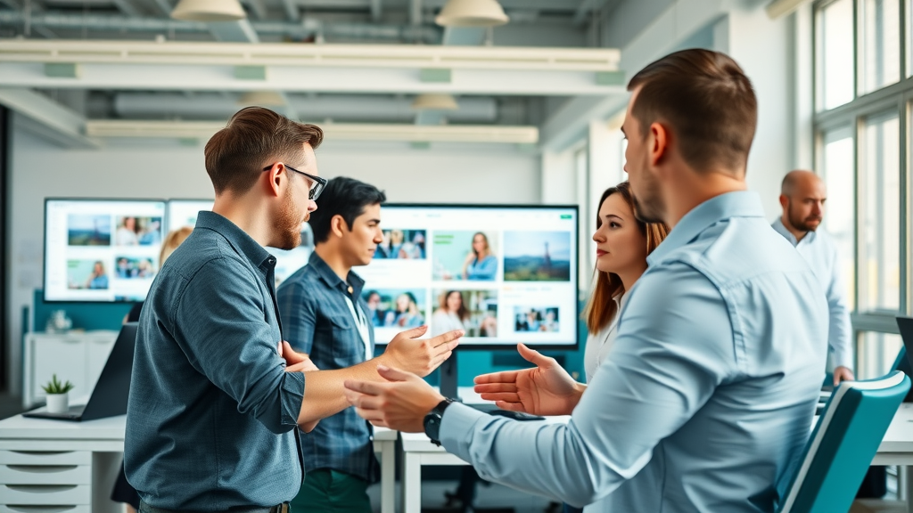 Professionals collaborating in modern workspace reviewing project photos - how sharing project photos and stories helps your website rank better