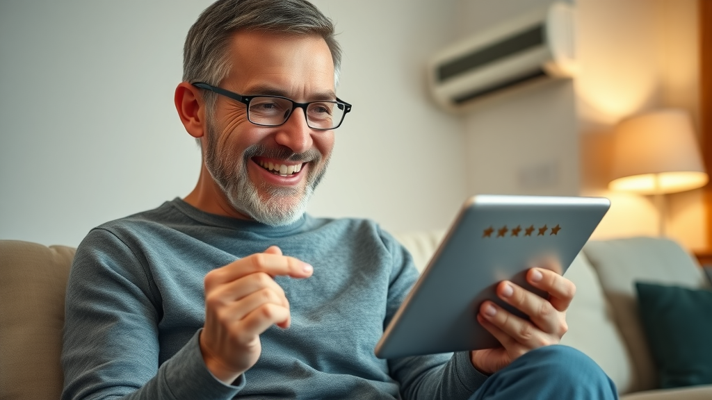 happy homeowner leaving online review for HVAC, boosting local search seo
