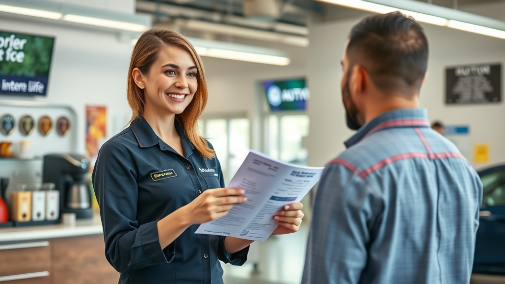 Auto repair shop reception with welcoming advisor and customer discussion