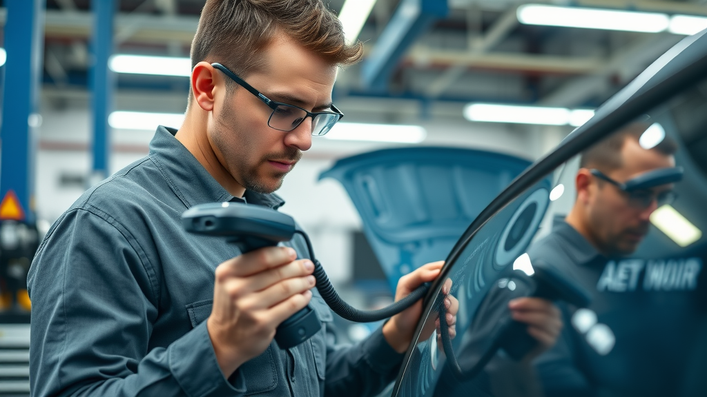 Technician performing precision vehicle damage assessment using digital inspection equipment in an auto shop