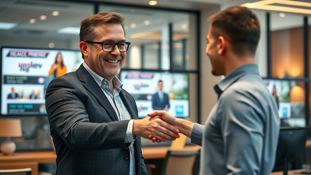 business owner shaking hands with client after a successful marketing campaign in an upscale office