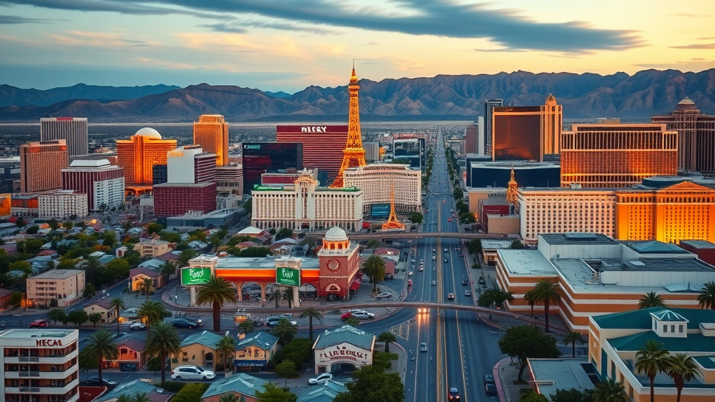 Vibrant Las Vegas cityscape with residential neighborhoods and iconic skyline, backdrop with mountains, cars in motion, dusk lighting – Las Vegas housing trends
