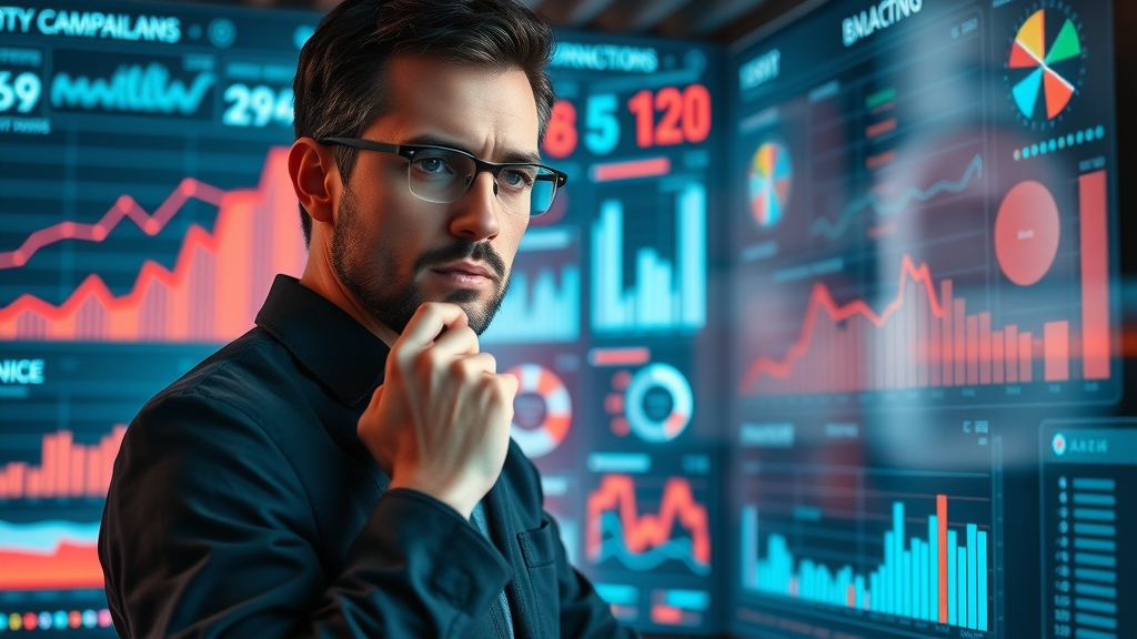 Data analyst examining corporate branding campaign analytics, digital brand awareness