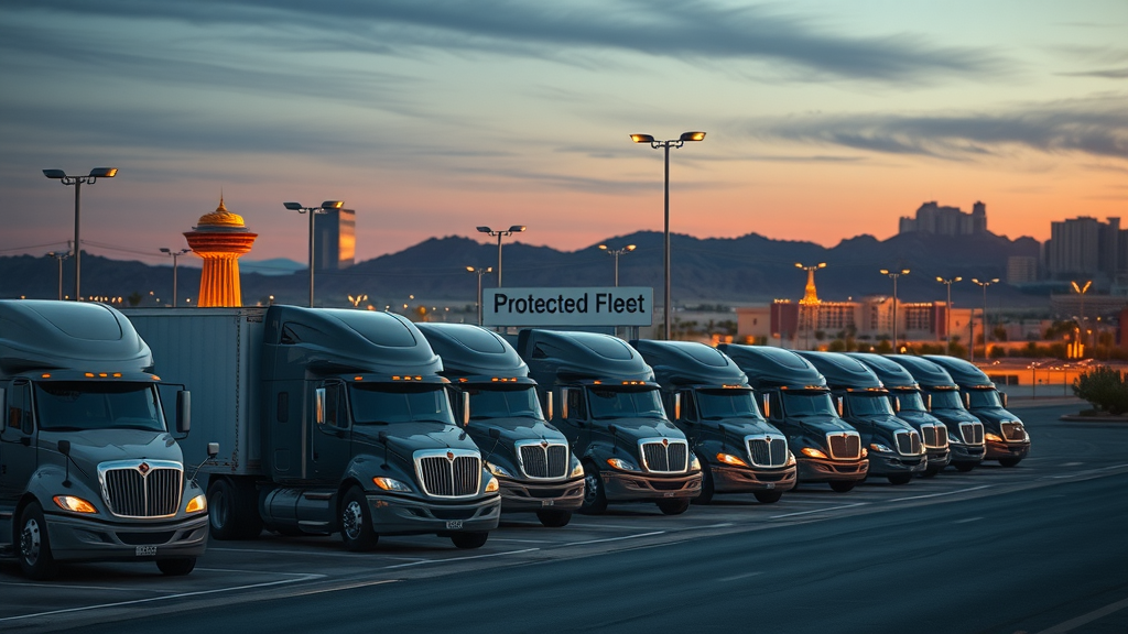 Secured commercial truck fleet in Nevada protected by trucking insurance.