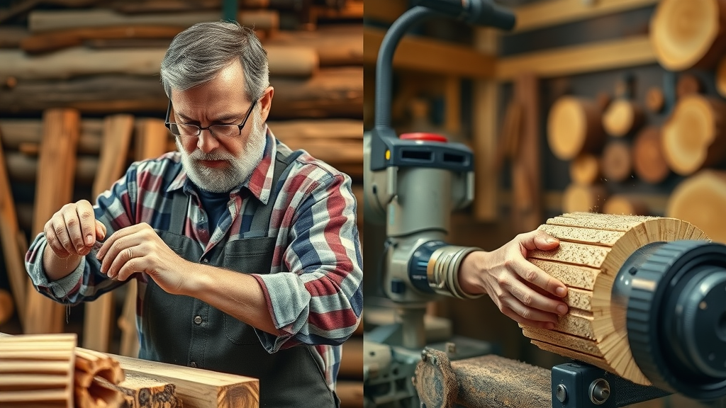 side-by-side comparison handcrafted log home construction vs automated milled log process, types of log homes methods
