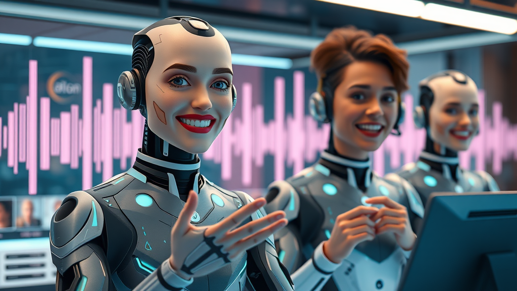 Sleek AI interface with digital voice waveforms for customer engagement and support