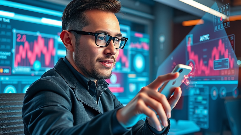 cutting-edge digital marketer operating multiple innovative media channels with an AR interface in a high-tech workspace