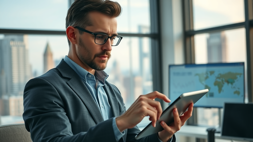 real estate agent with local expertise reviewing neighborhood spending data on digital tablet, modern office