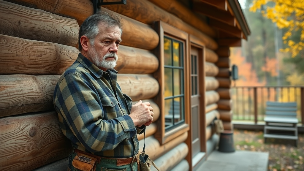 Focused homeowner inspecting log home exterior, practical clothing, toolbelt, autumn forest setting, log home maintenance checklist, 50mm lens