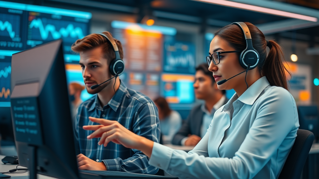 Customer service agents collaborating with AI voice interface in a modern call center