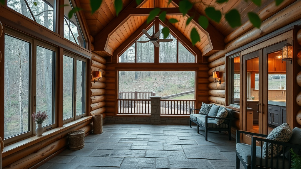 inviting walk-out basement of luxury log home, sparkling windows, waterproof exterior, serene wooded hillside at evening, lifelike and detailed