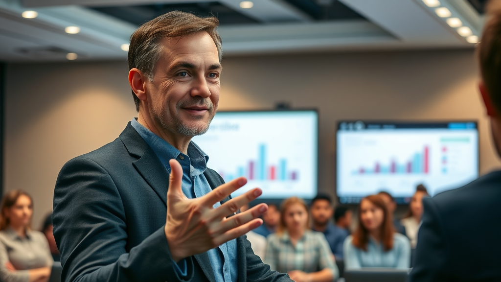 marketing director presenting brand positioning case study with graphs in a conference room