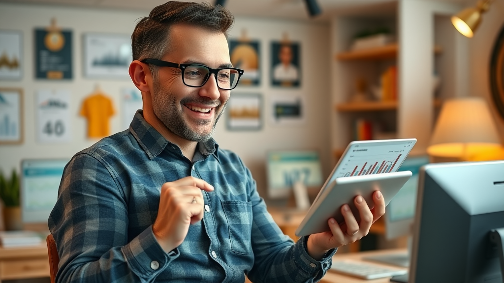 business owner analyzing online directory statistics on tablet