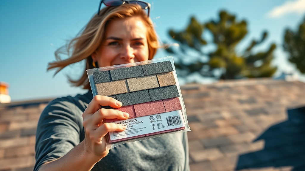 high-quality Owens Corning shingle roof, homeowner holding branded sample, roofing