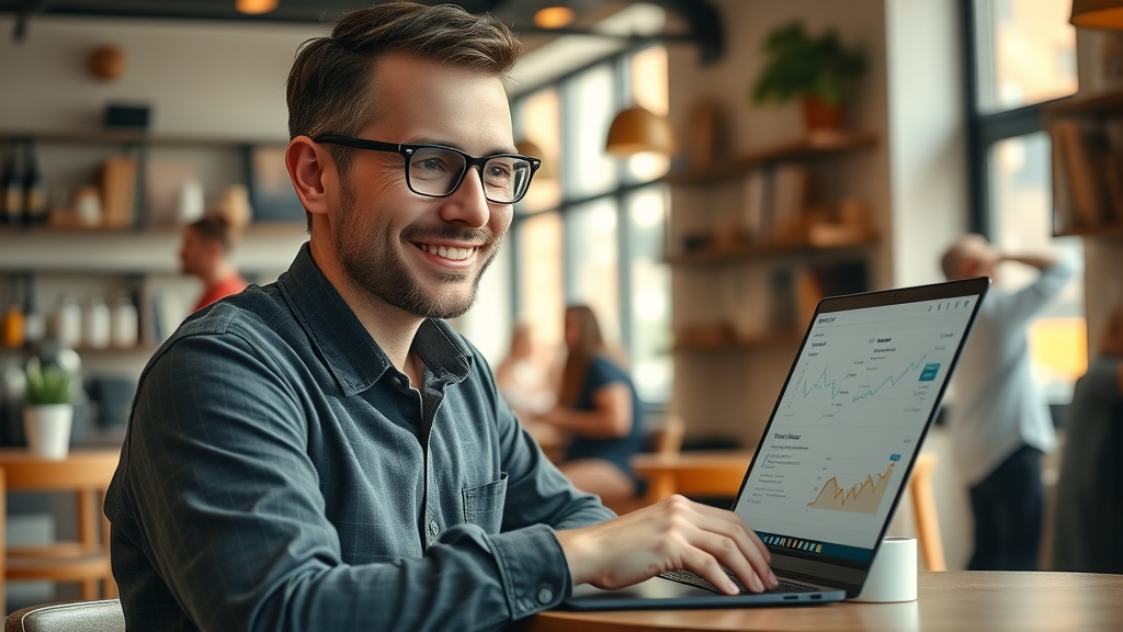 business owner monitoring directory analytics in coffee shop