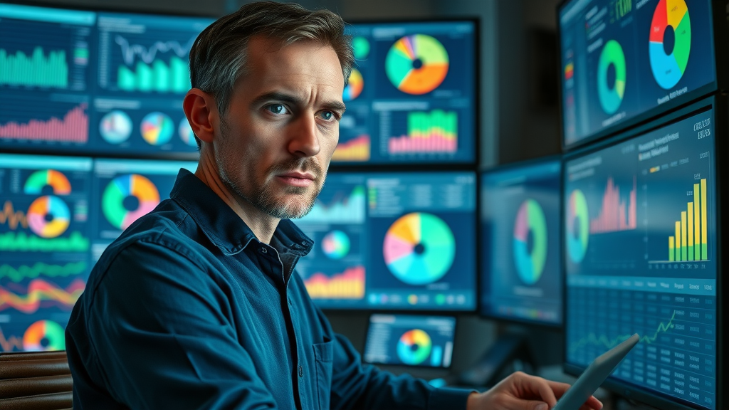 insightful data analyst studying audience segmentation pie charts in a modern analytics lab