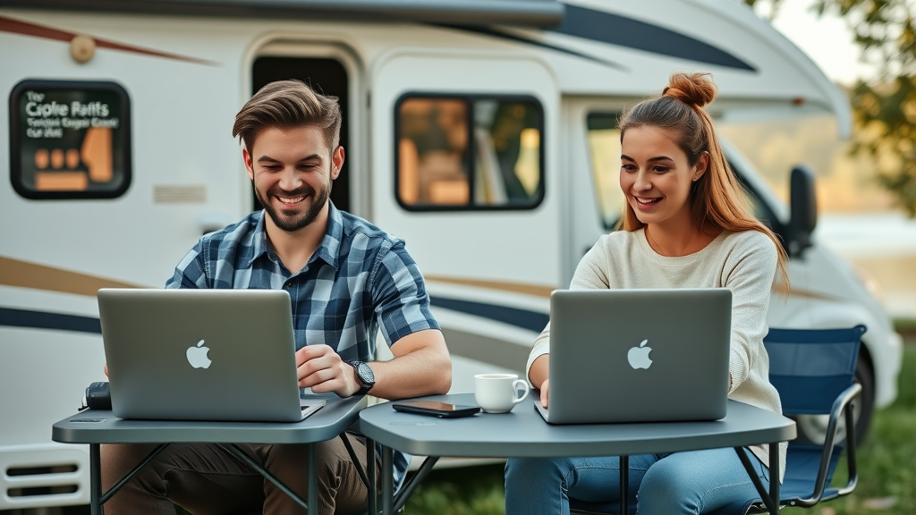 digital nomads working outside their RV at serene lakeside RV park reflecting rv park industry trends 2024
