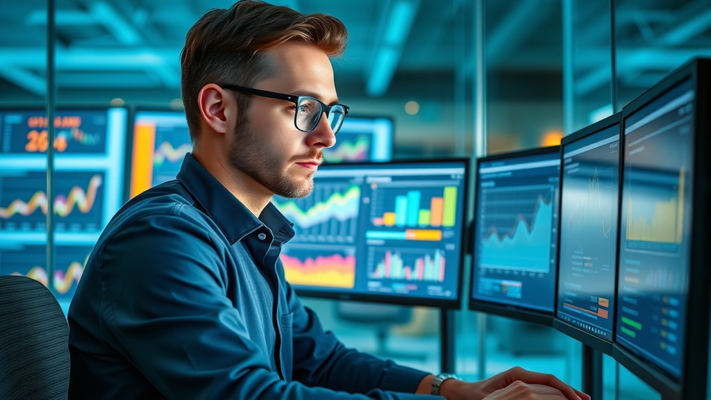 Marketing analyst measuring brand awareness with data dashboards and analytics tools