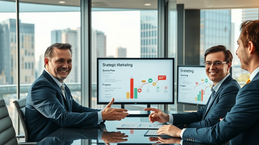 business executives reviewing integrated media strategy in corporate boardroom