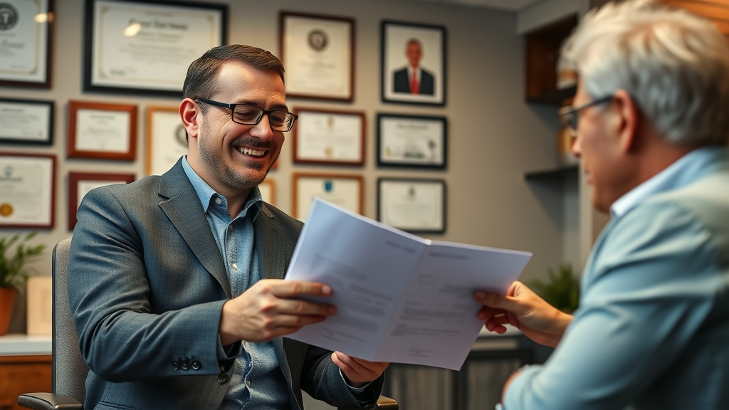 Accomplished coach reviewing contracts with returning high-end clients in professional office