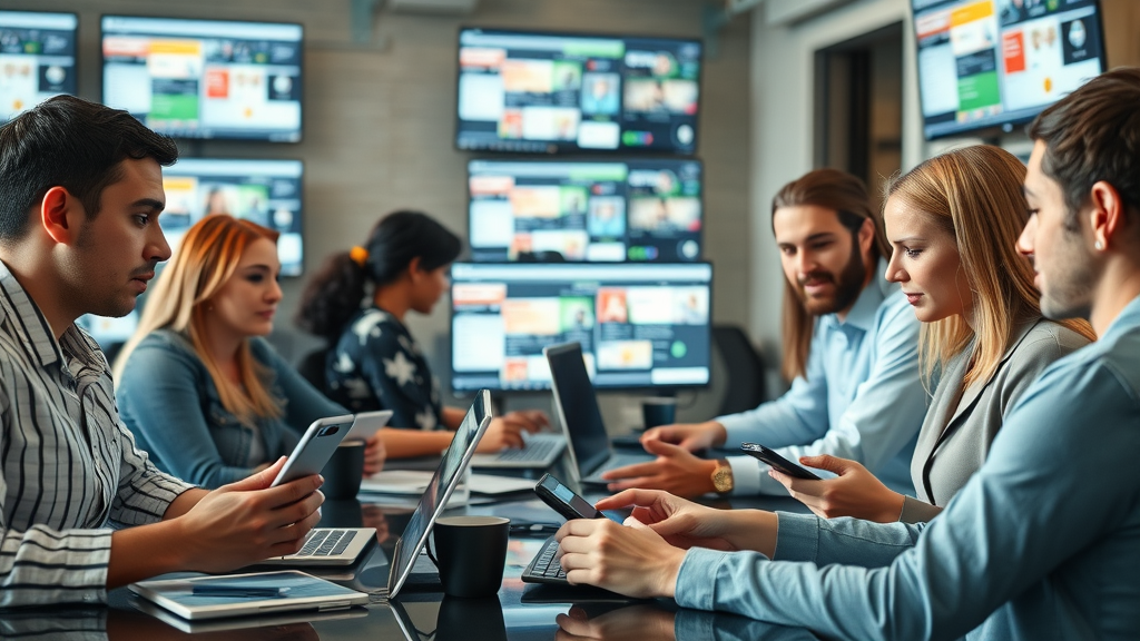 digital marketers collaborating on social media audience targeting platforms and ad strategy analysis