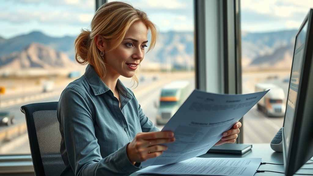 Fleet manager reviews Nevada trucking insurance documents in office setting.