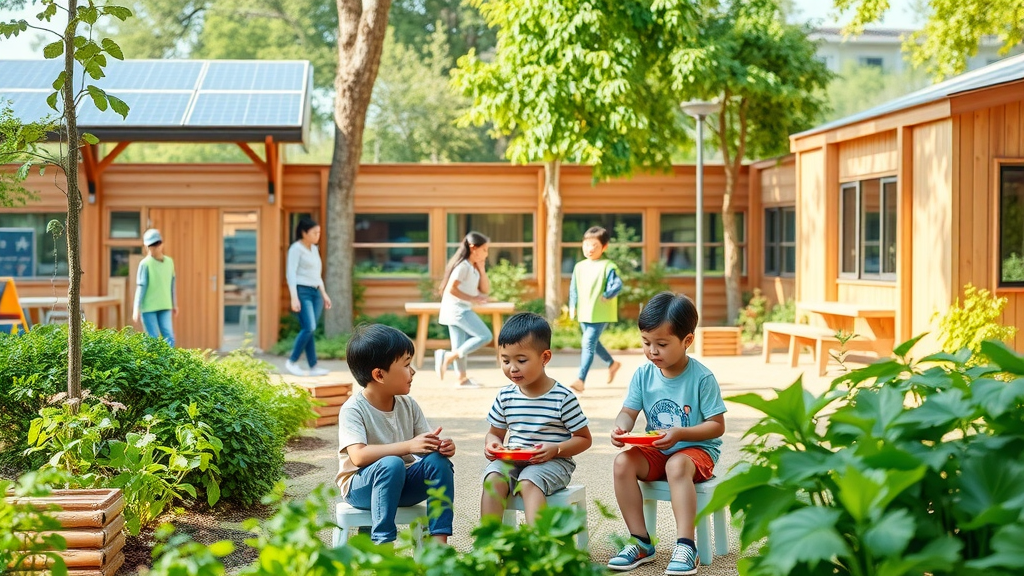 open-air sustainable daycare playground with children, caregivers outdoors, eco-friendly facility features like solar panels and vegetable garden - daycare trends