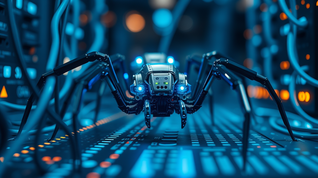 digital robot spider crawling search engine network for indexing, technical seo, futuristic data visualization