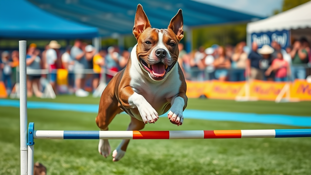 dynamic, active pit bull terrier navigating an agility course, focused and excited expression, mid-leap over obstacle, high fantasy style, outdoor competition field with crowd, highly detailed, motion blur on background elements, saturated blue and green colors, clear sunny lighting, shot with a sports lens. pit bull agility event