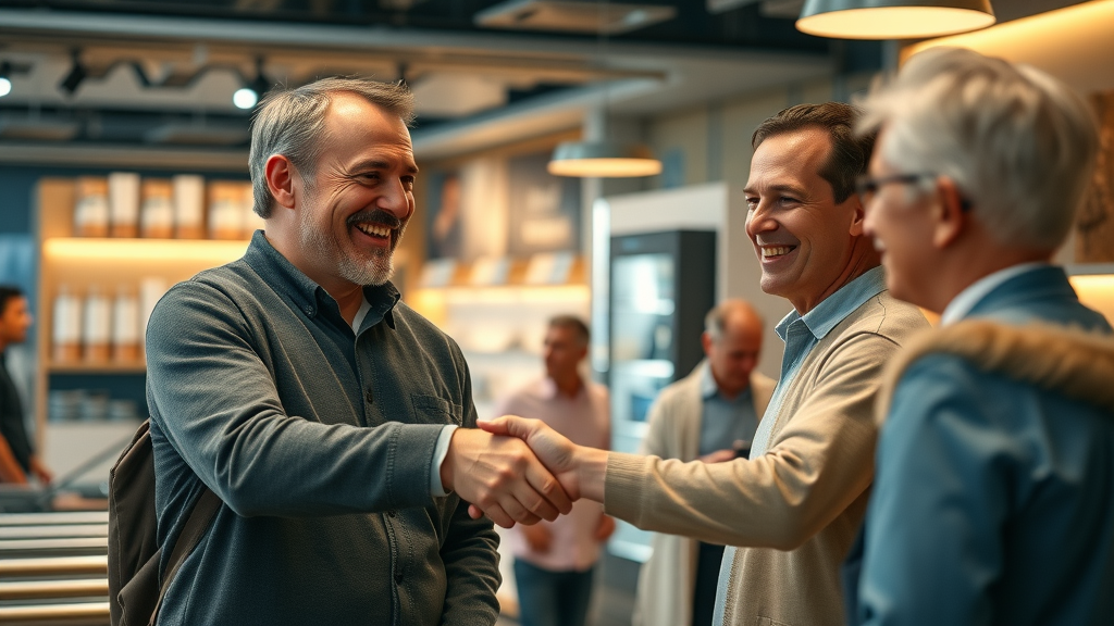 Happy loyal customers engaging with brand representative