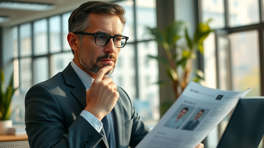 executive recruiter reviewing fractional CMO candidate profiles in office