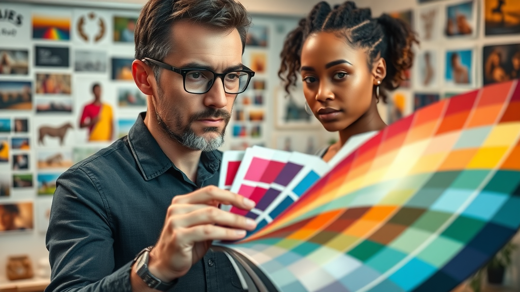 dynamic color wheel with brand colors, designer selecting swatches, creative studio with mood boards - color palette visual branding