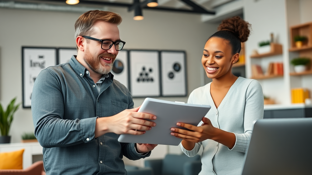 friendly contractor collaborating with a professional content creator, discussing strategy for Google Helpful Content Update