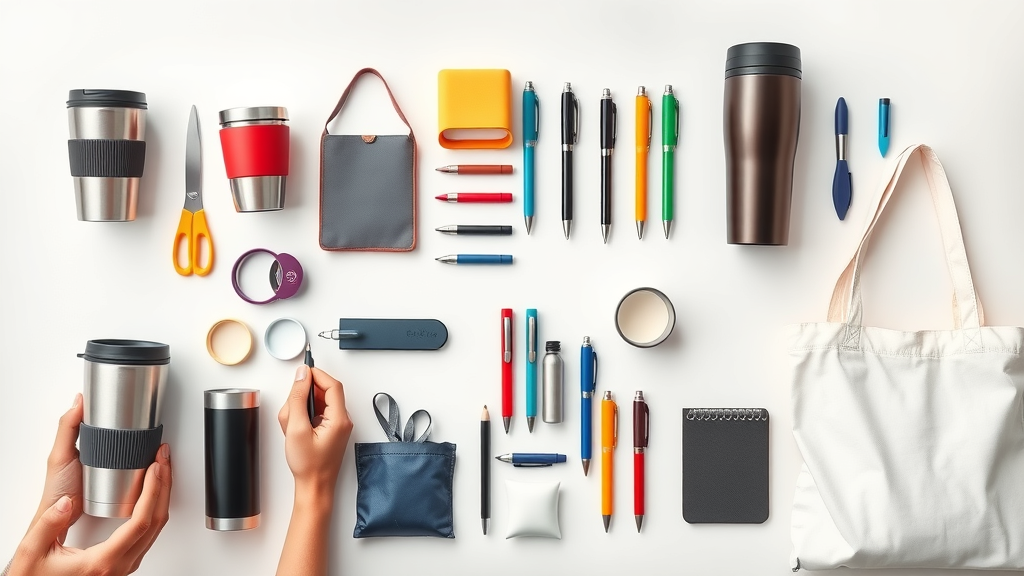 Variety of top promotional products including travel mugs and eco-friendly tote bags