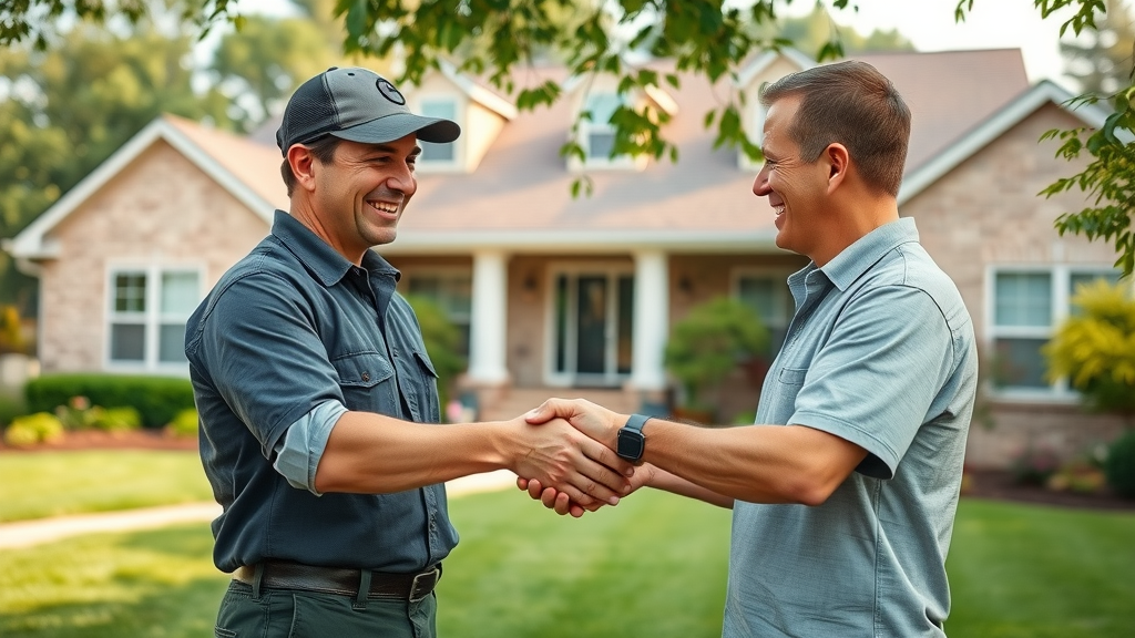 Roofing Company in Kingston GA contractor earning homeowner trust with handshake and new roof.