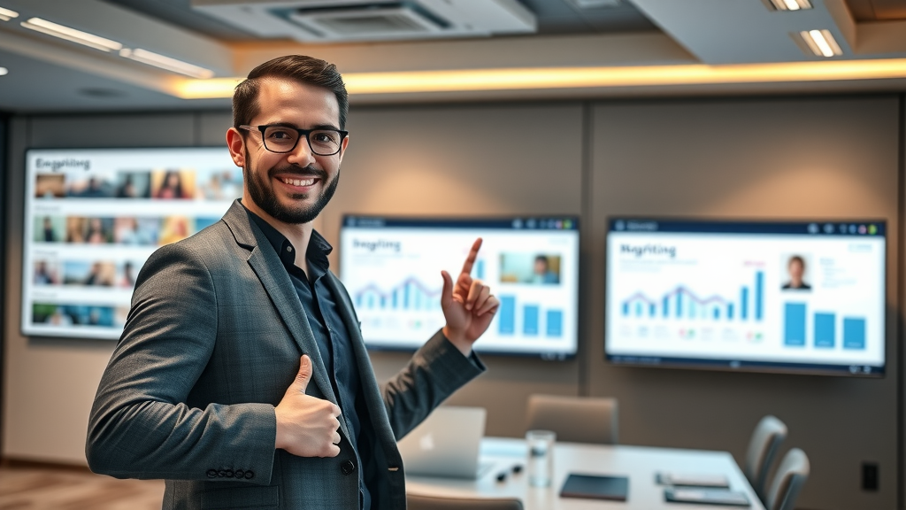 content marketing strategies marketer presenting successful campaign analytics in conference room