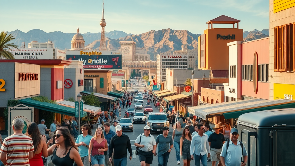 Vibrant downtown Phoenix, bustling with diverse tourists and busy streets, crowds enjoying outdoor cafes and city attractions, Phoenix marketing and peak tourist season
