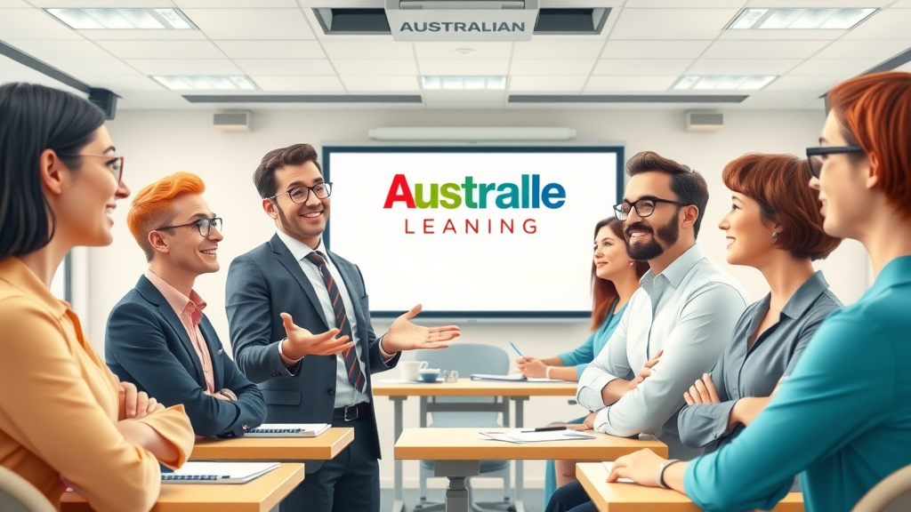 Optimistic Australian business training session, manager presenting inclusive work strategies to mixed-neurotype team, interactive learning and animated engagement.