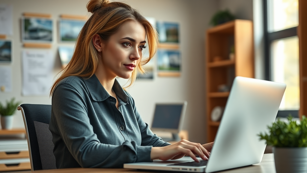 Professional working on laptop with RV park listings on screen