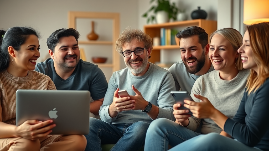 Engaged viewers captivated by video content on laptops, tablets, and phones, cozy home environment, showing engagement and interaction with online video