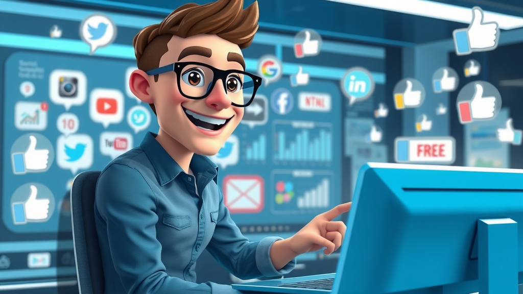marketer monitoring multiple social media platform dashboards with cheerful icon bubbles and engagement stats