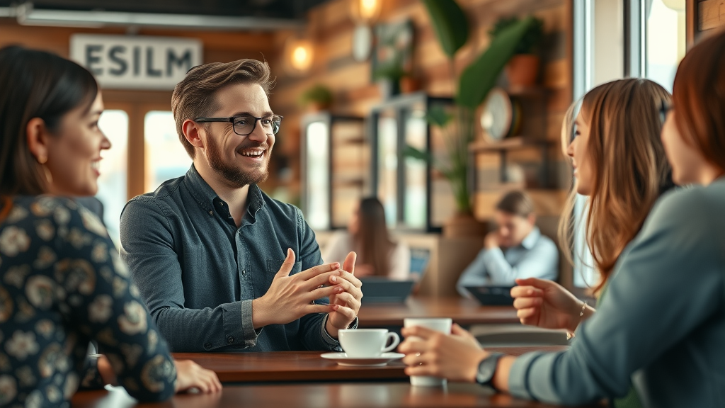 real estate agent with local expertise networking in friendly cafe environment, photorealistic