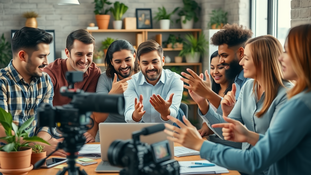 Video content creation in a vibrant creative workspace with video editors and creators collaborating around equipment, contemporary office, brainstorming session