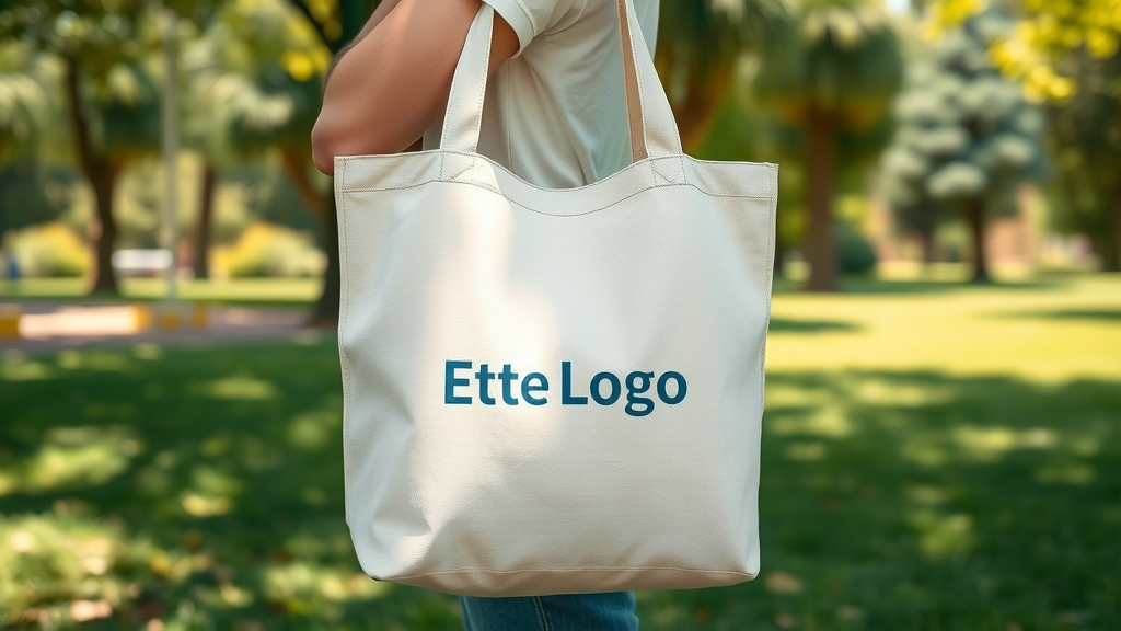 Modern eco-friendly tote bag with company logo in outdoor park