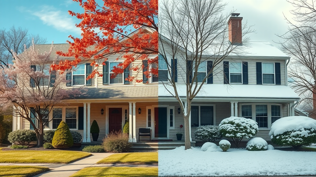 Seasonal transformation of a home exterior to illustrate best timing for selling renovated homes