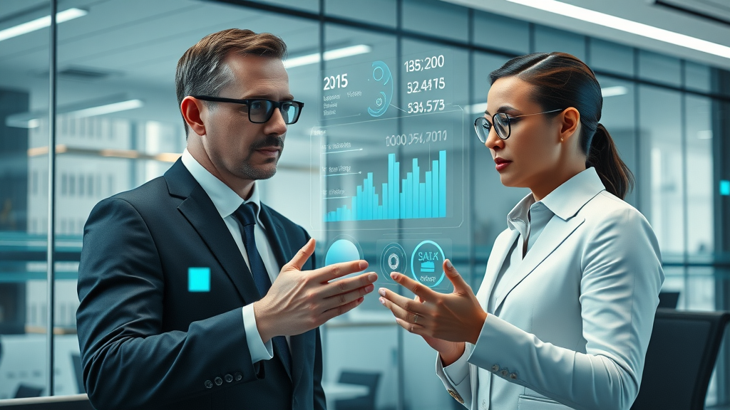 Executives interact with a virtual ai voice assistant interface in a modern business office, analyzing data trends, illustrating ai voice agents for business industry trends