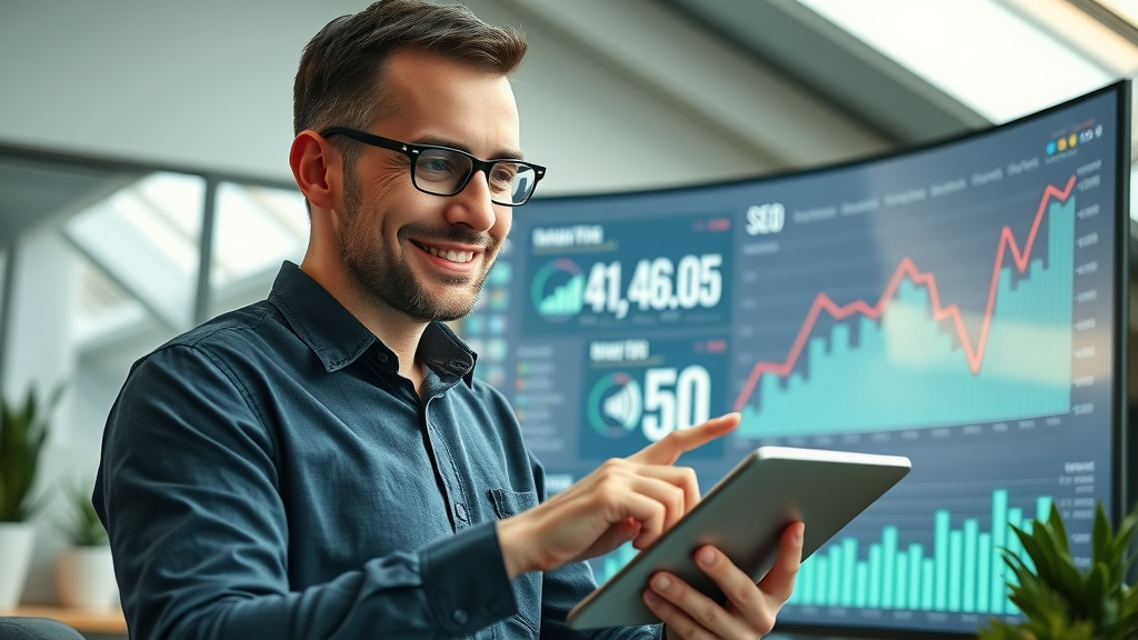 search engine optimization marketer reviewing SEO metrics dashboard with analytics graphs and upward trends