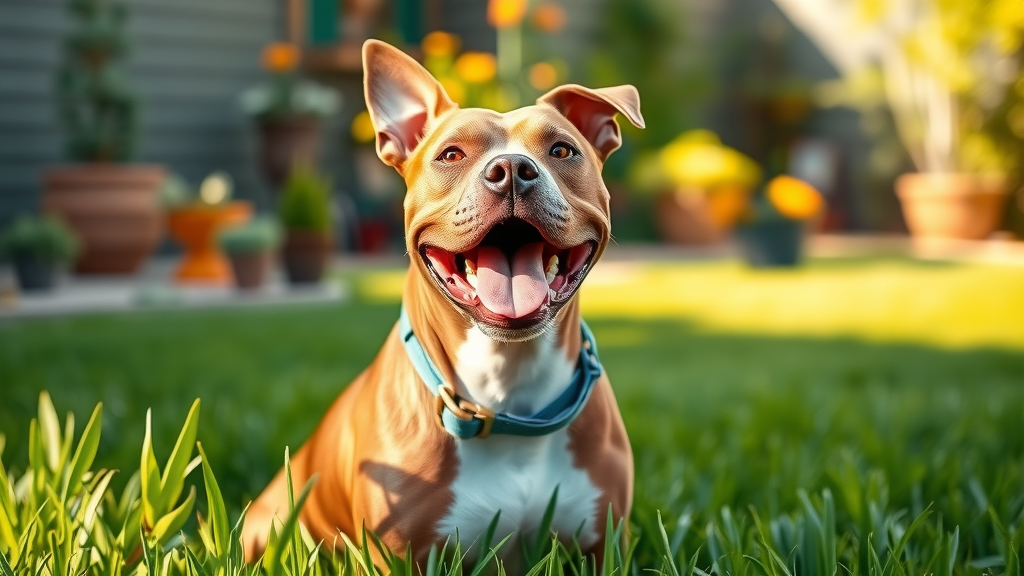 vivid, joyful American pit bull terrier with alert expression, sitting in a sunlit backyard, photorealistic high fidelity lifelike, vibrant green grass with garden details in the background, highly detailed, dog wearing a smart collar, soft natural daylight, warm color tones, shot with a 50mm lens. pitbul care