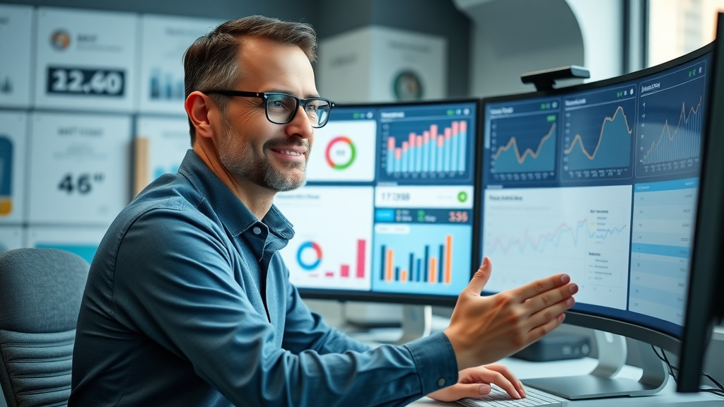 Business owner analyzing RV park digital marketing dashboard highlighting personalized RV park brokerage advantages